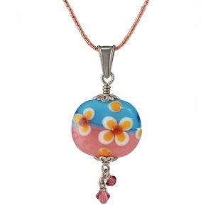 Pink and Blue Beaded Floral Glass Pendant Necklace